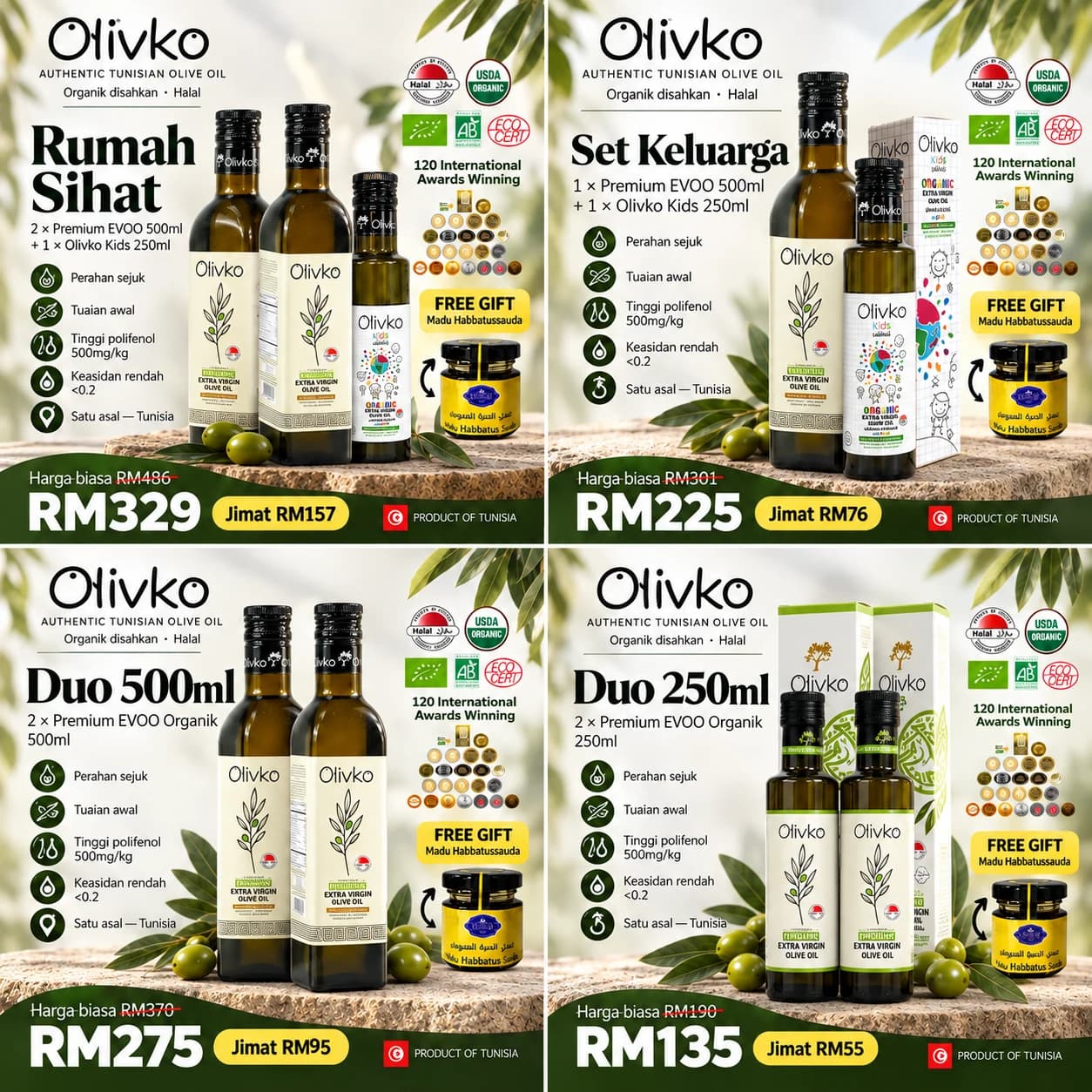 Empat set Olivko minyak zaitun extra virgin dari Tunisia