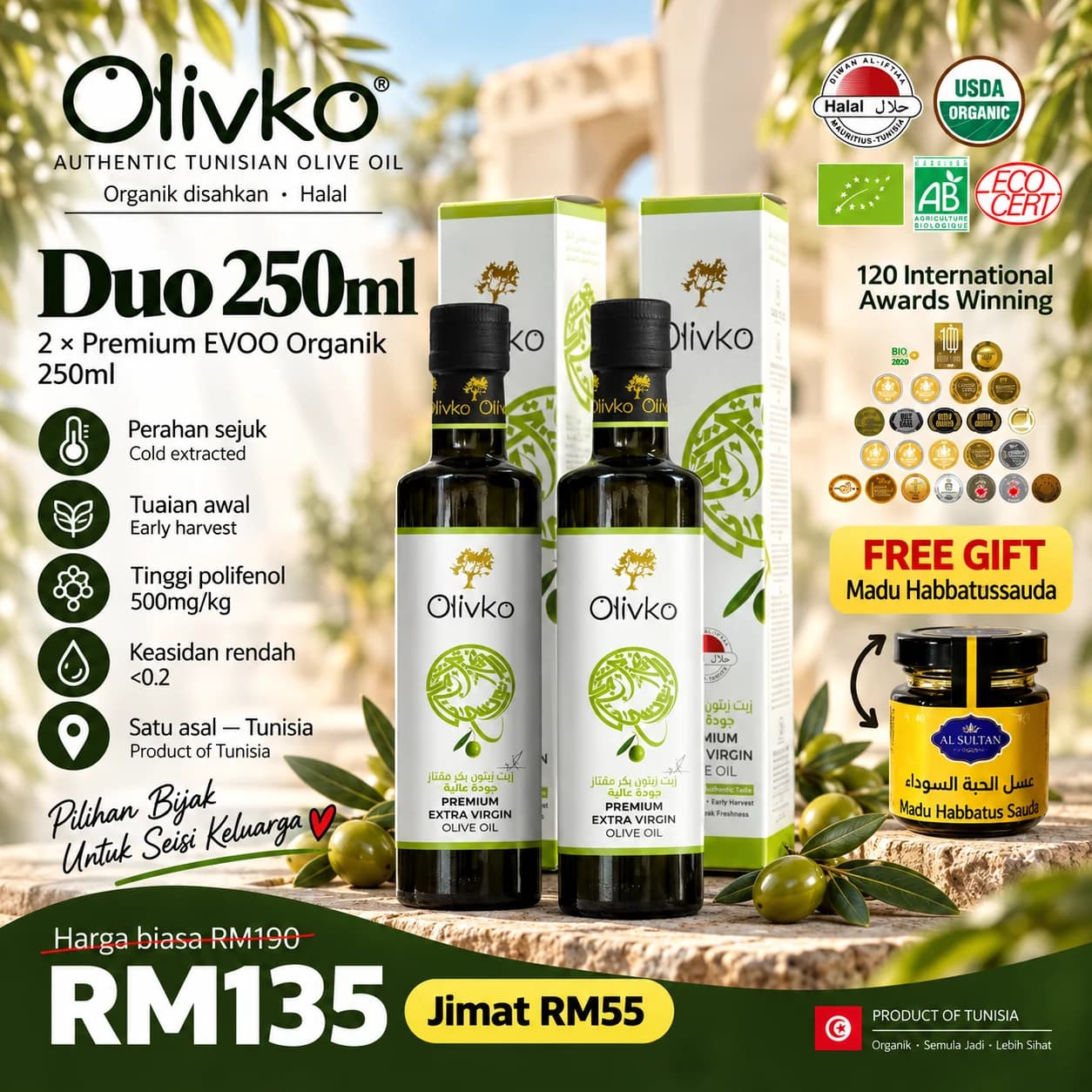 Olivko Duo 250ml β dua botol minyak zaitun extra virgin dari Tunisia