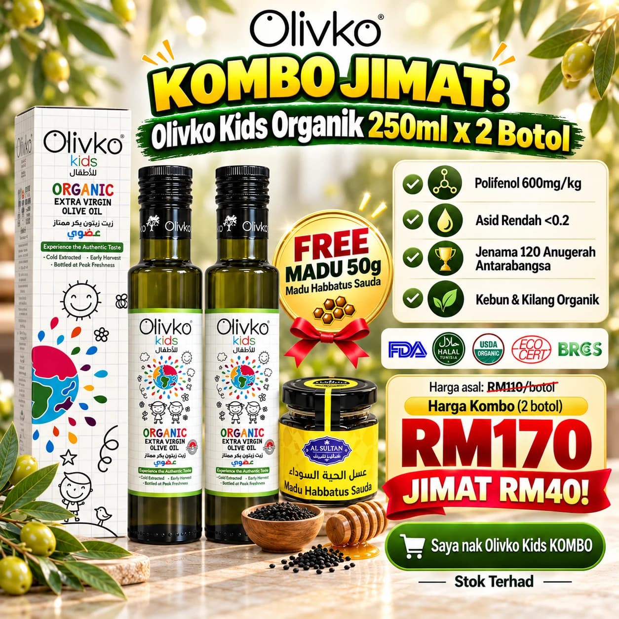 Olivko Kids Duo β dua botol minyak zaitun extra virgin organik 250ml dengan Madu Habbatussauda percuma